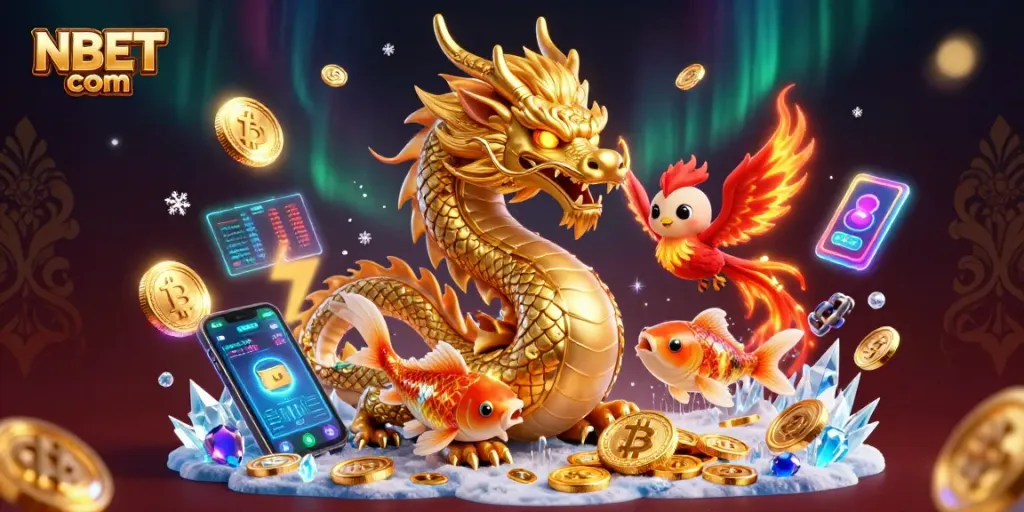 Experience gaming excitement and winnings at NBET com with a vibrant dragon and phoenix scene.