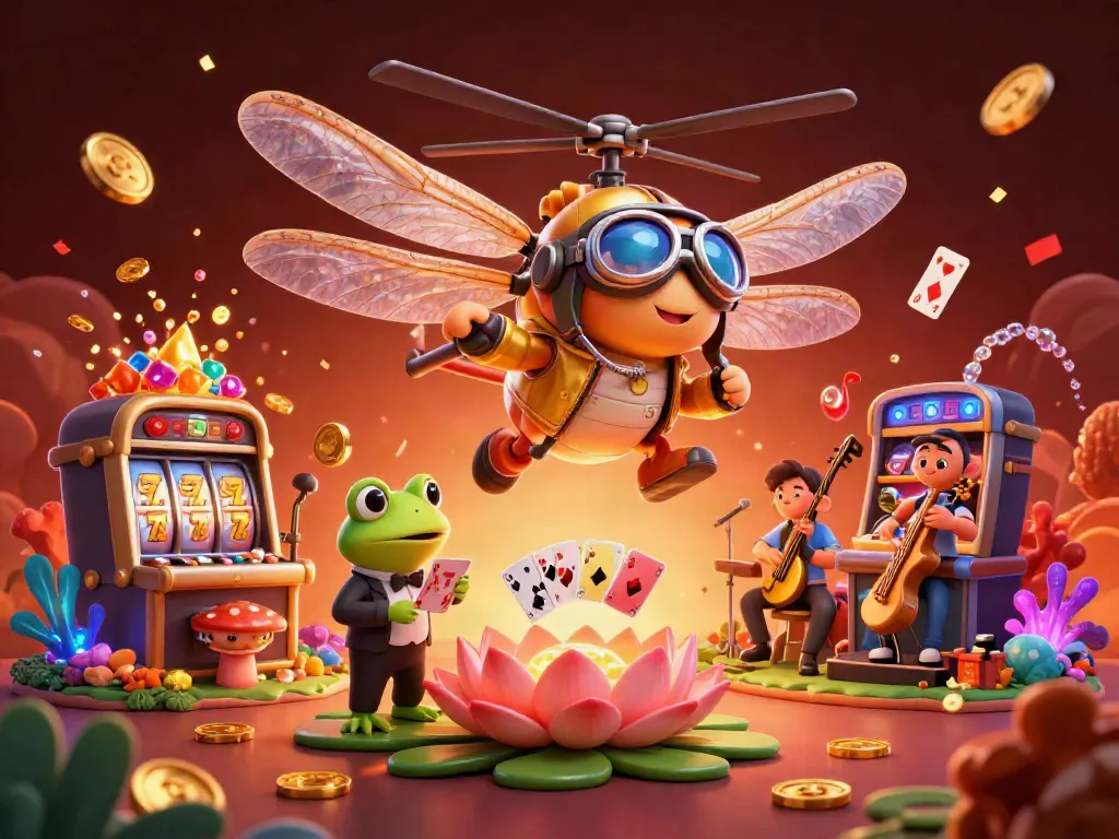 Experience exciting games at 68win with a vibrant casino scene showcasing a dragonfly pilot and a frog croupier.