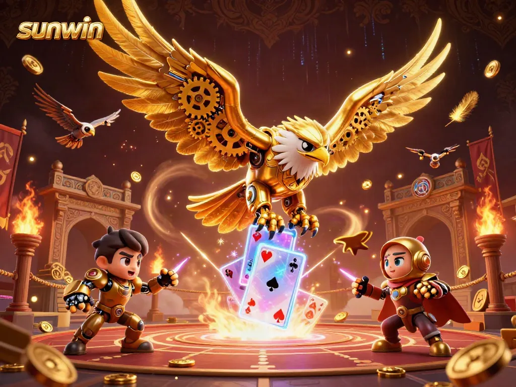 Experience the thrill of sunwin with a cybernetic eagle soaring through holographic casino elements.