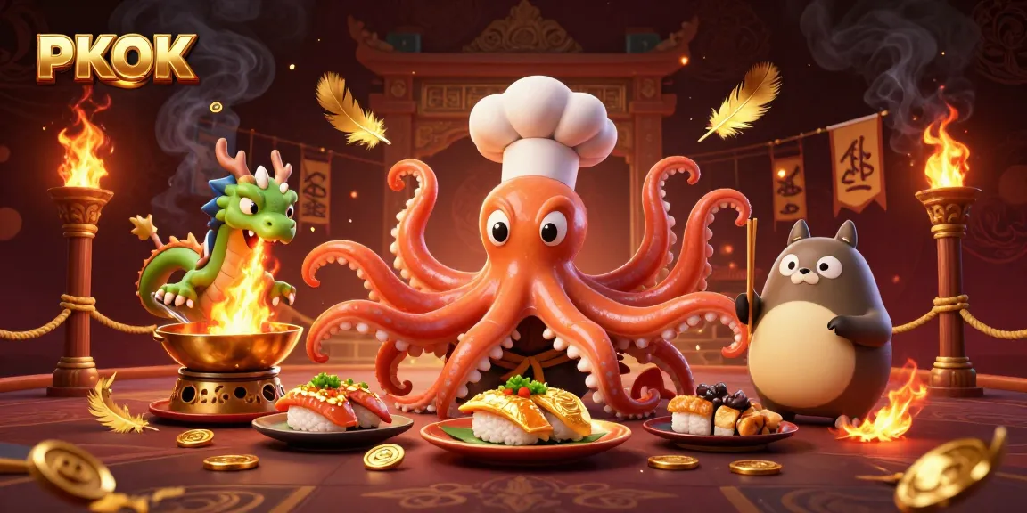 Bet on PKOK: A vibrant 3D artwork showcasing an octopus chef, dragon, and tanuki in a sports betting arena.