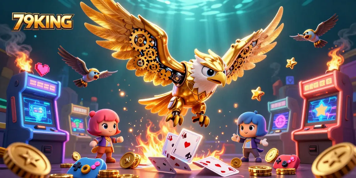 Play and win with 79KING in a vibrant casino gaming scene featuring a golden eagle and holographic cards.