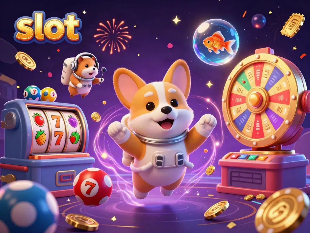 Engaging 3D illustration of a slot-themed space casino featuring colorful animations and characters.