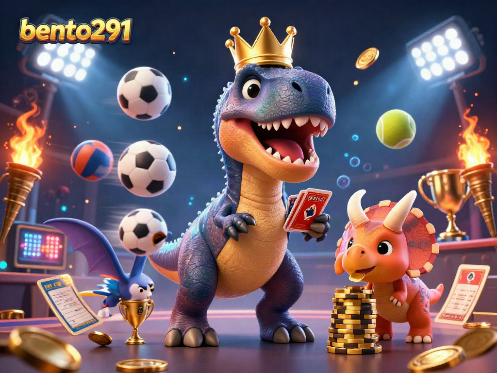 Bento291 brings excitement with a playful T-Rex shuffling cards in a vibrant casino scene.