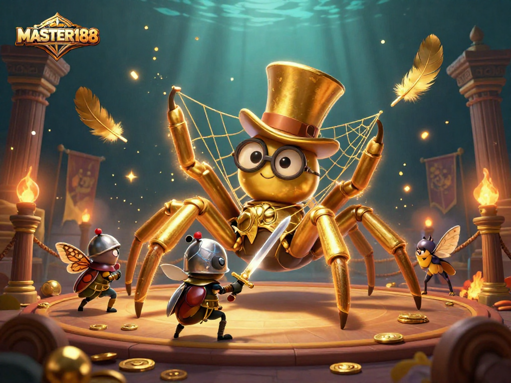 Join the excitement at MASTER188 as the brave beetle knight approaches a golden tarantula weaving riches!