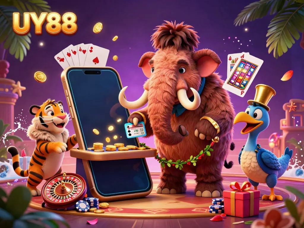 Experience thrilling games at UY88, where vibrant characters and exciting casino elements collide in a festive atmosphere.