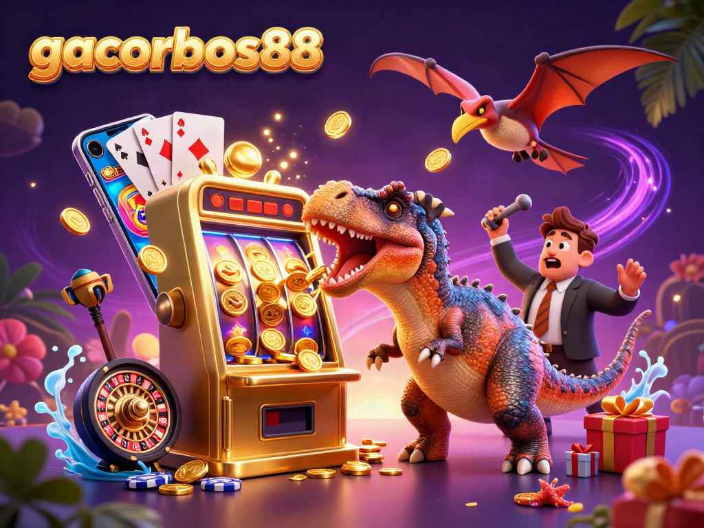 Experience the excitement of gacorbos88 with cartoon dinosaurs engaging in slot machine jackpots.