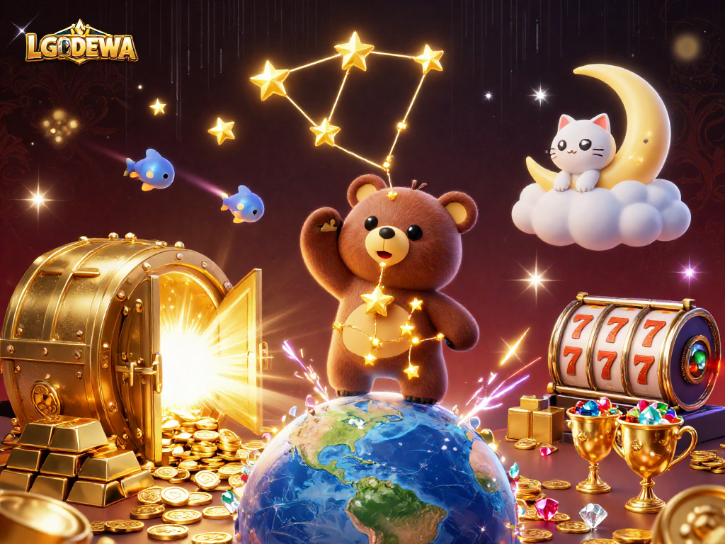 Experience LGODEWA's thrilling casino adventures with a golden constellation bear and dynamic game elements.