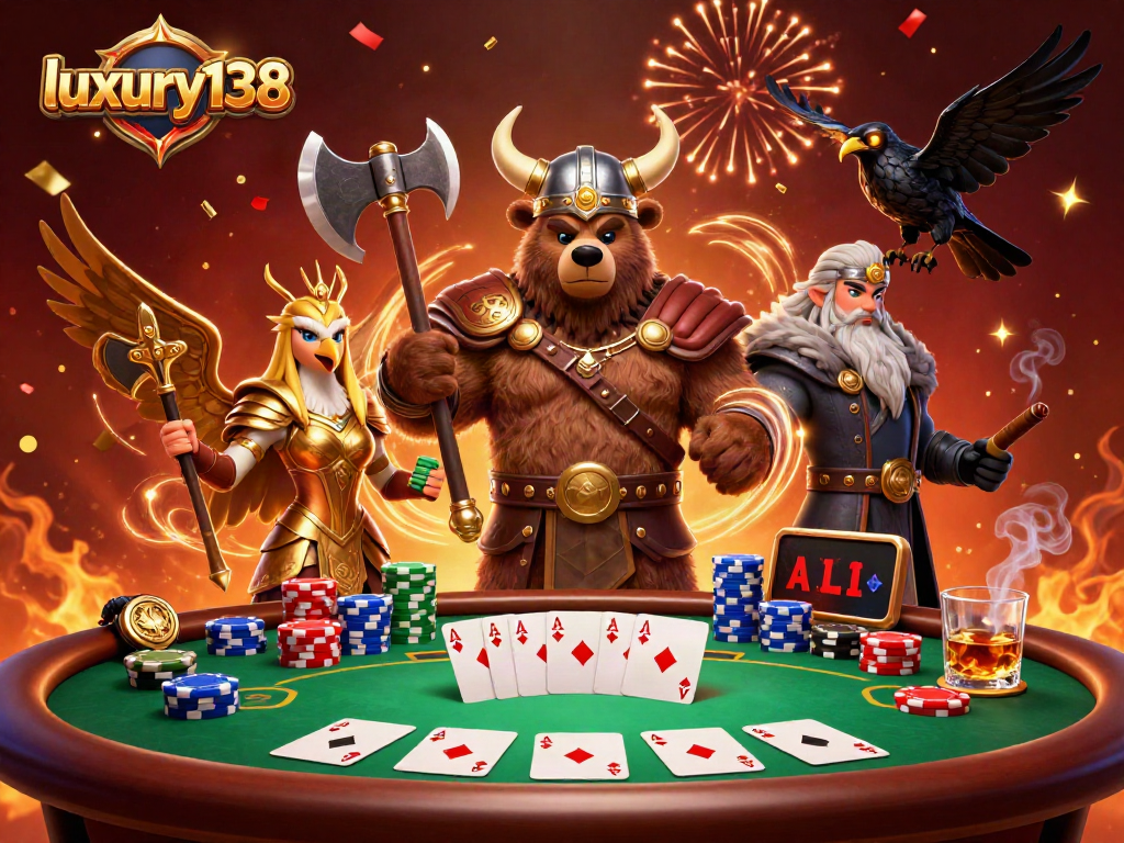 Gambarkan aksi seru dengan luxury138 di meja poker, dikelilingi karakter yang dinamis.