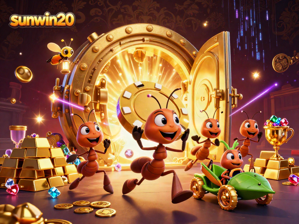 Sunwin20 heist scene with ants, golden chips, and dazzling jewels in a vibrant casino setting.