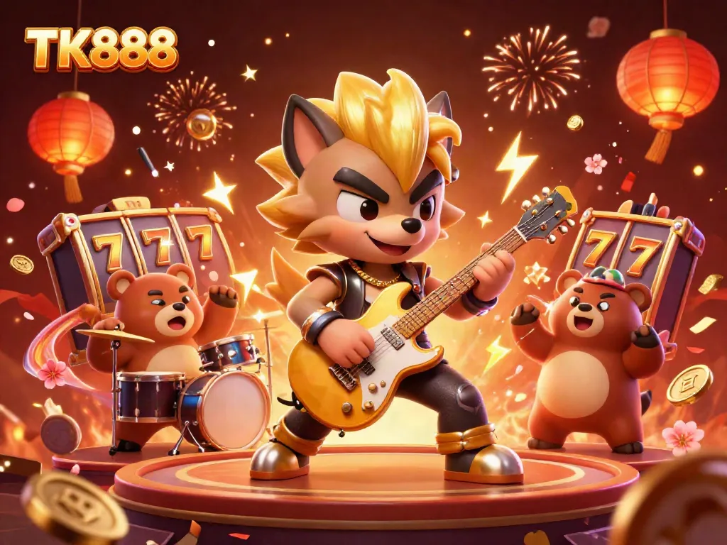 Watch the electrifying performance of TK888's rock star wolf in a vibrant casino scene, full of gaming excitement.