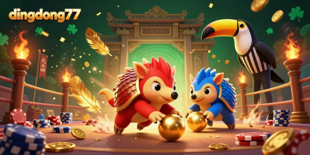 Experience thrilling gameplay at dingdong77 with rival pangolins bowling through poker chips in a vibrant casino scene.