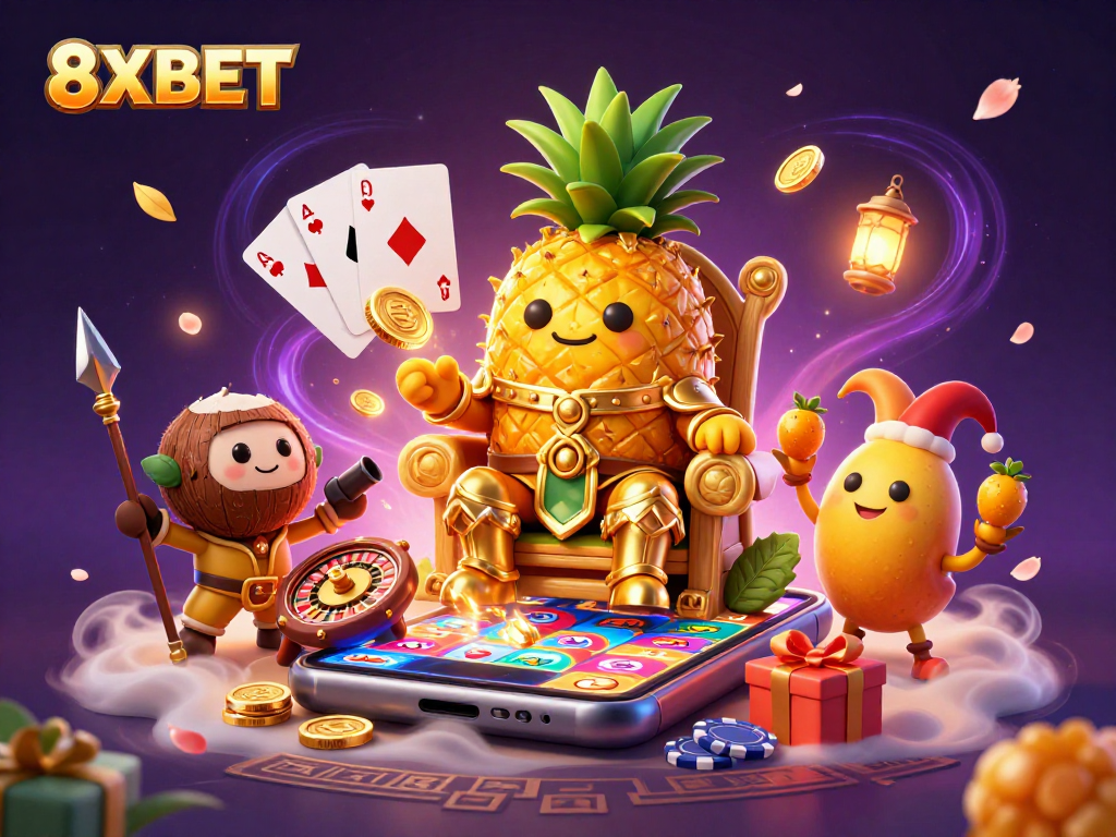 Experience the vibrant world of 8XBET with a lively scene featuring game elements like slot games and poker chips.