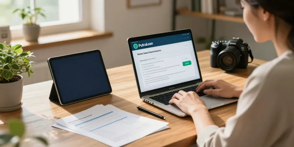 Applying for financing through effortless clear terms on https://www.putraloan.com/en/ in a cozy home office.