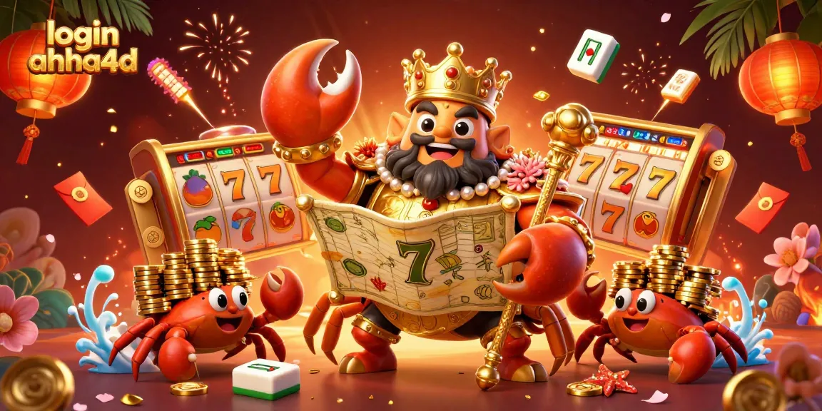 Mengakses login ahha4d dan melihat ilustrasi kartun 3D ikonik dengan kepiting emas yang berkuasa di tengah harta karun dan permainan slot.