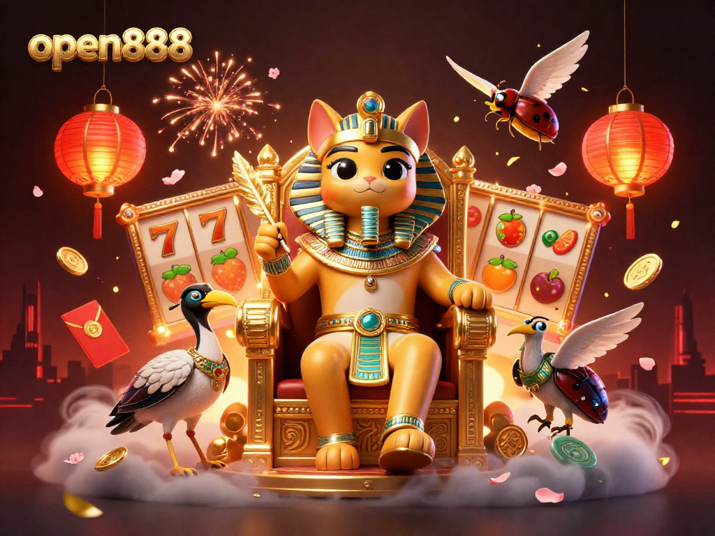 Engaging visual of open888 featuring an Egyptian pharaoh cat amidst vibrant casino elements and celebrations.