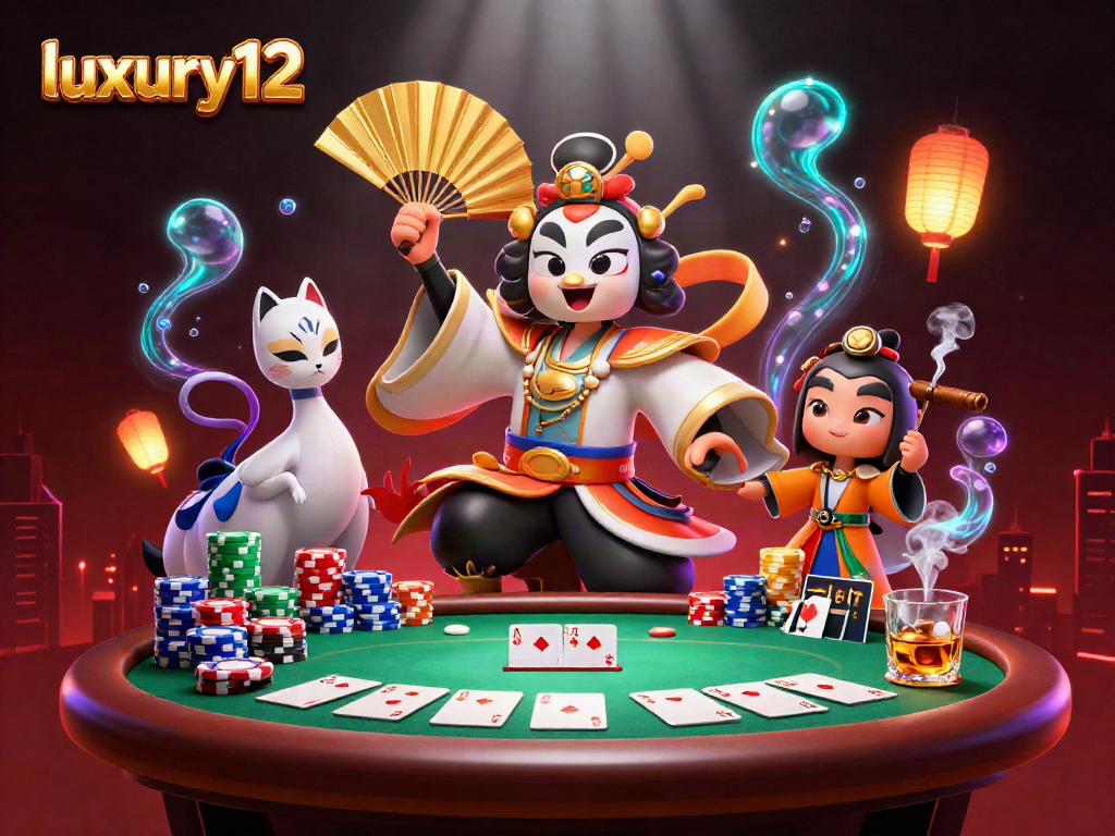 Experience luxury12 as a 3D kabuki warrior plays poker with vivid casino elements.