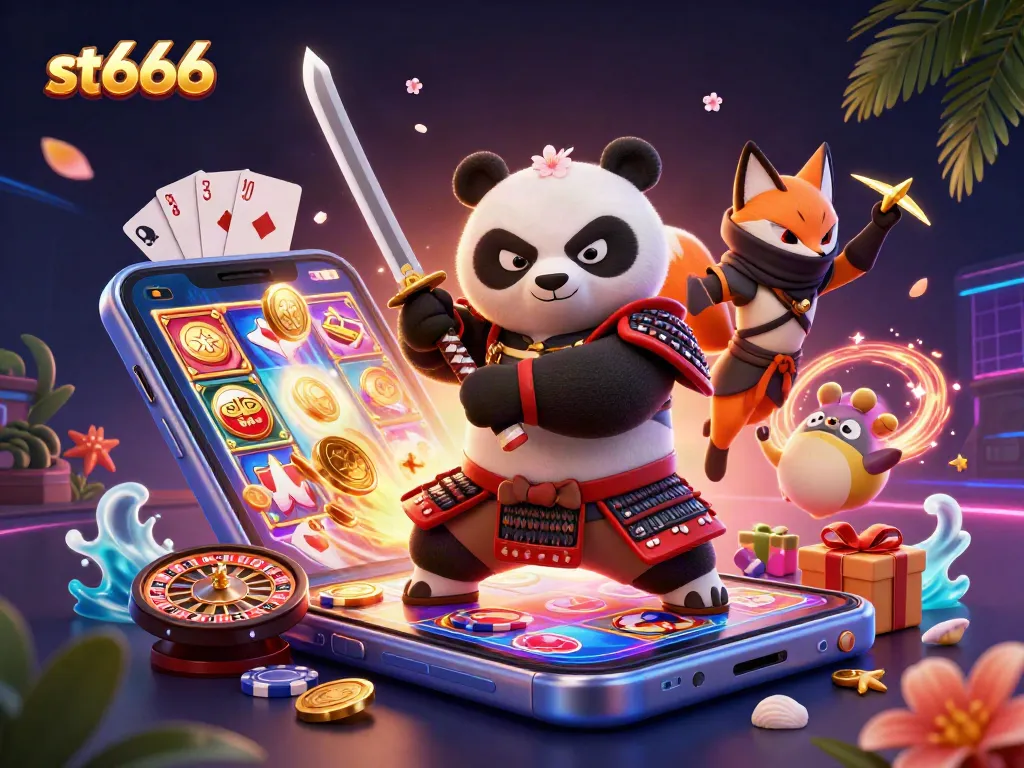 Experience thrilling winnings at st666 with a dynamic 3D casino scene featuring a samurai panda and ninja fox.