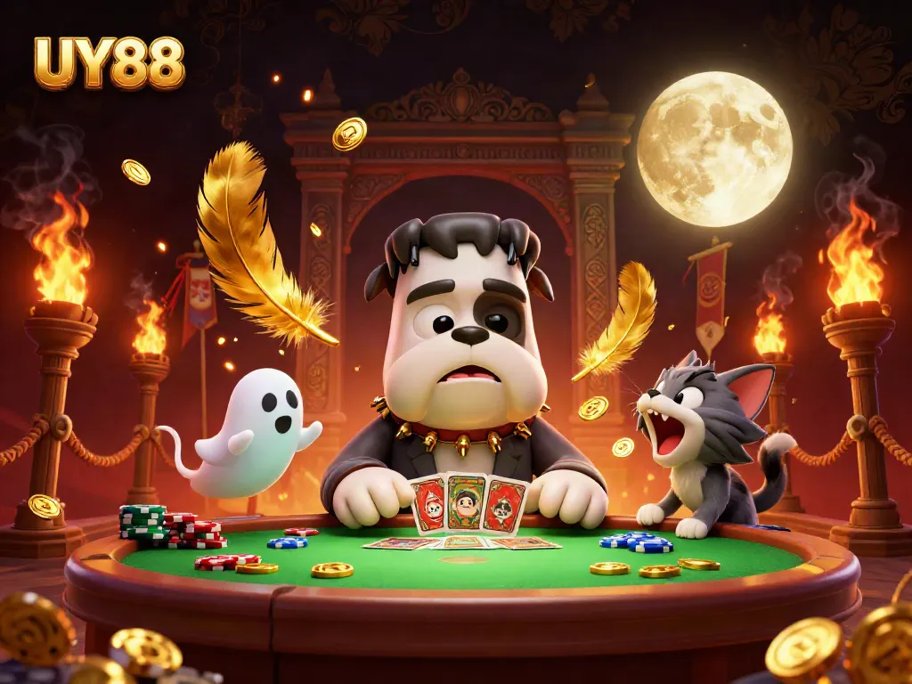 Experience the thrill of UY88 with a cartoon bulldog dealer, ghost mouse, and dynamic casino atmosphere.
