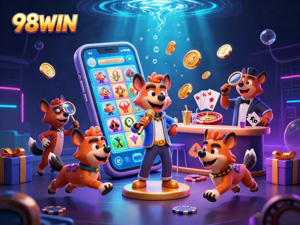 Engage with 98WIN at a lively cartoon casino scene featuring hyenas and vibrant gaming elements.