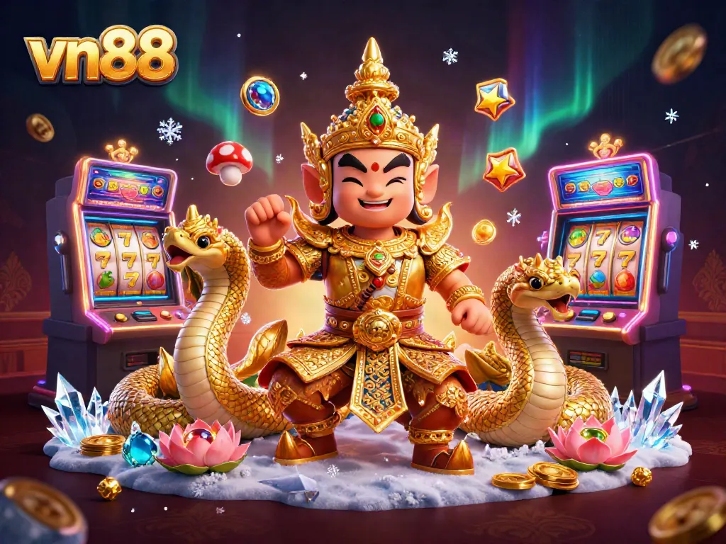Experience thrilling gameplay with vn88's vibrant slot machines and mythical characters in a captivating scene.