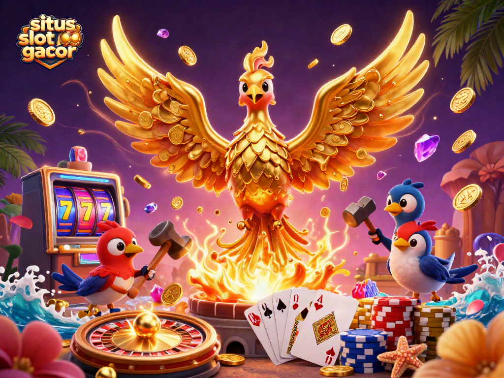 Experience the thrill at situs slot gacor with a vibrant casino scene illustrating golden jackpots and animated slots.