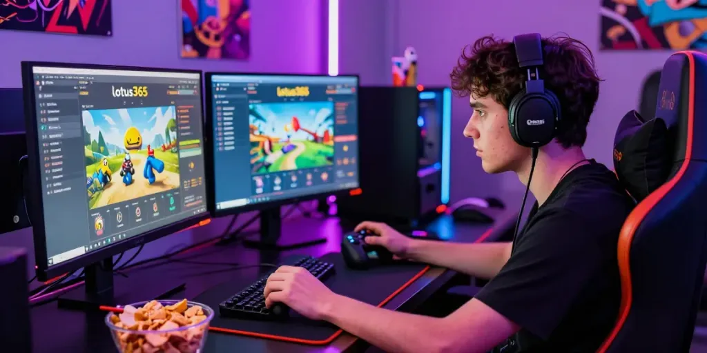 Engaged gamer using the lotus365 platform with colorful screens and vibrant atmosphere
