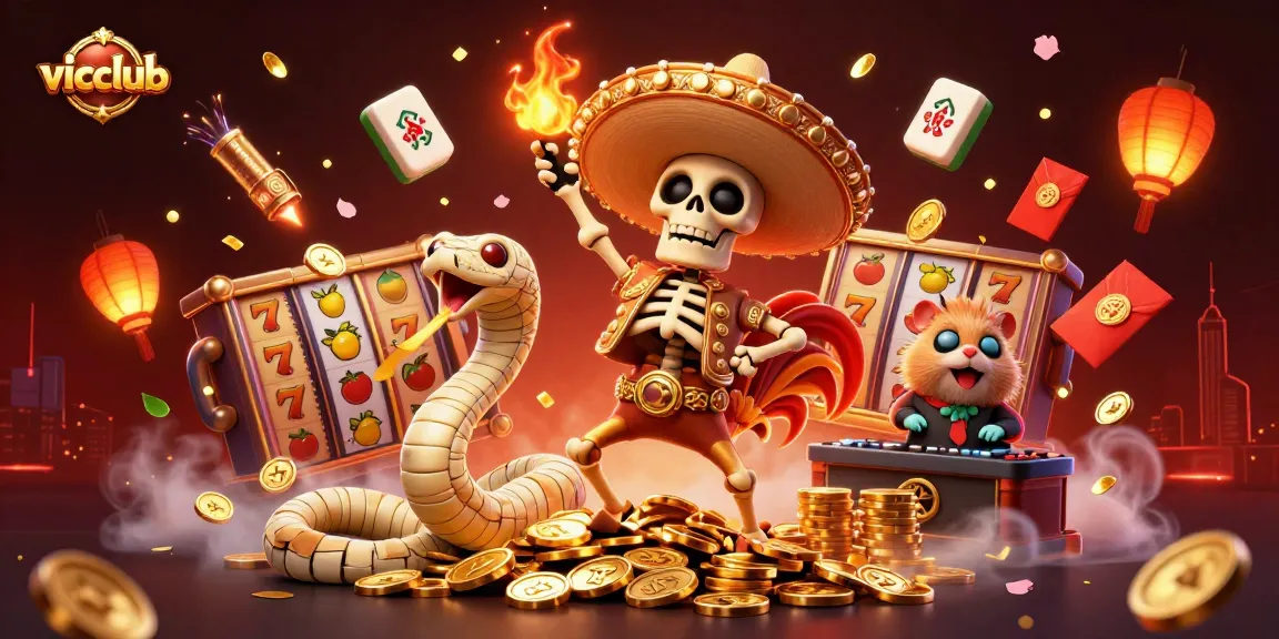 Experience excitement at vicclub with a vibrant casino scene featuring lively characters and slot reels.