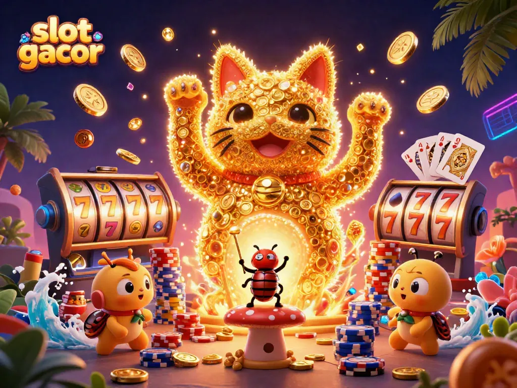 Engage with the lively slot gacor scene depicting a giant lucky cat formed from golden fireflies amidst sparkling coins and vibrant poker chips.