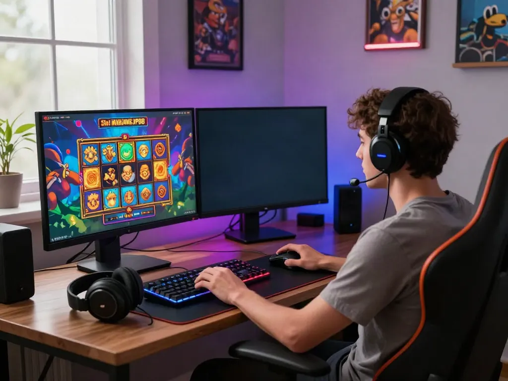 Immersive Slot MAHJONGJP88 gaming setup with dual screens and vibrant graphics.