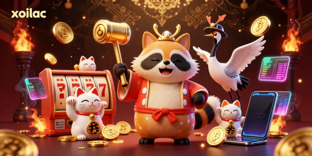 Xoilac casino scene featuring a tanuki and maneki-neko celebrating while playing slots.