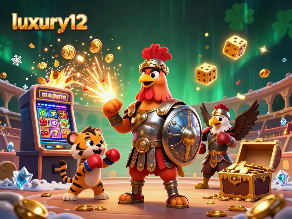 Experience the excitement of luxury12 with a vibrant 3D casino scene featuring a gladiator rooster amidst jackpots and treasure.