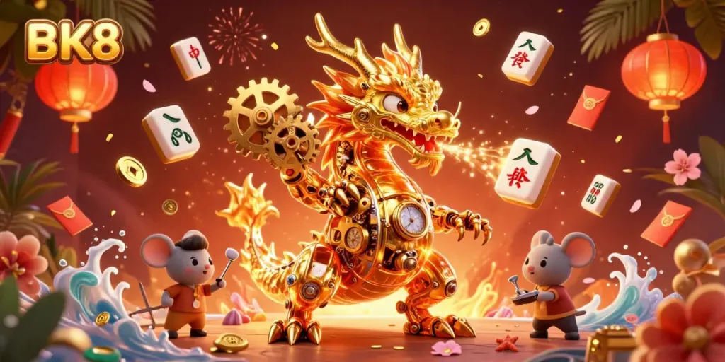 Engage with BK8's dynamic world of illustrated casino gaming featuring a golden dragon and themed elements.