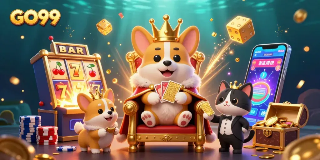 Experience exciting wins with GO99, featuring playful characters in a lavish casino atmosphere.