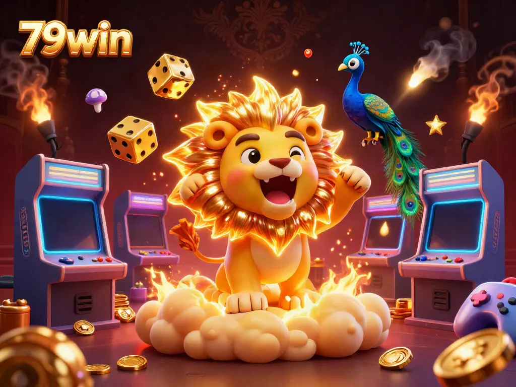 Engage with 79win amidst a vibrant 3D digital casino landscape, featuring animated characters and gaming elements.