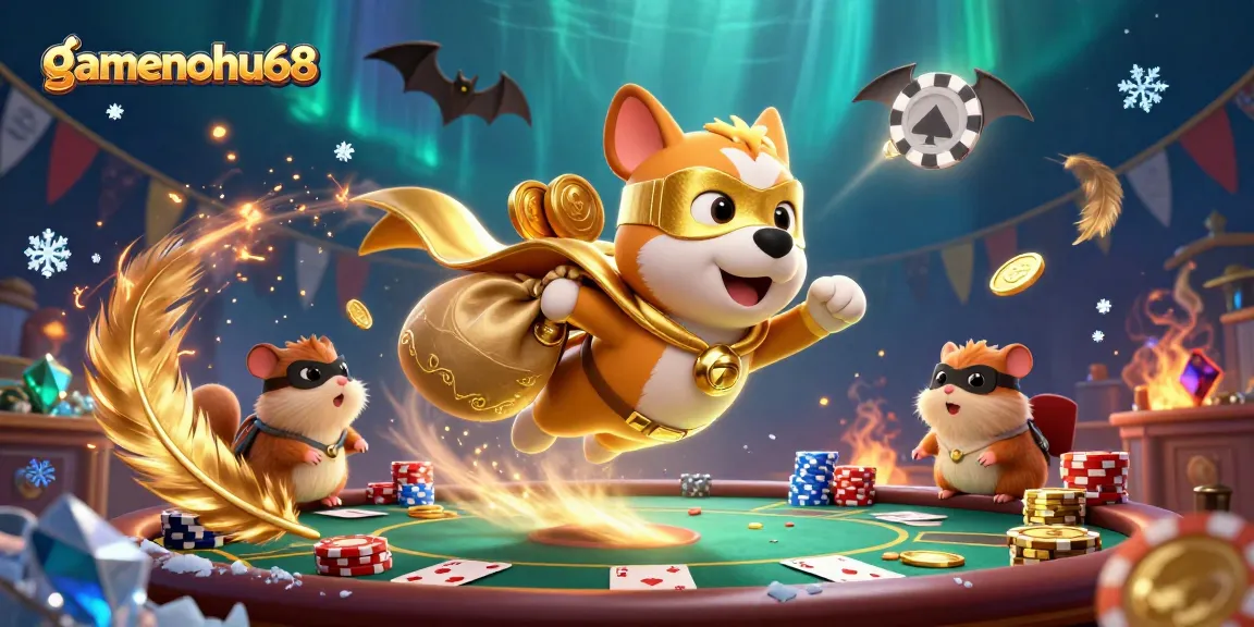 Win big with gamenohu68 in this vibrant 3D casino illustration featuring a heroic flying dog!