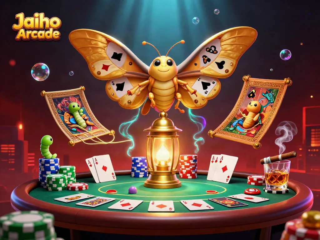 Engaging Jaiho Arcade scene with a majestic moth, casino elements, and colorful poker chips.