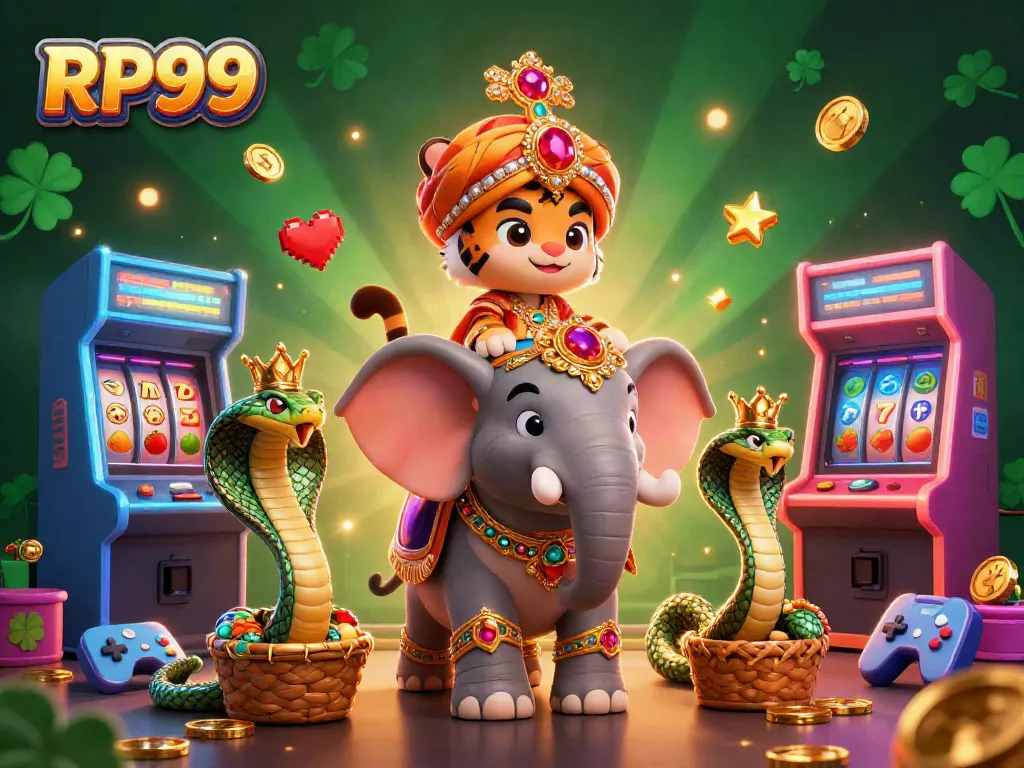 Experience the vibrant world of RP99 with a tiger riding an elegant elephant amidst dynamic casino elements.