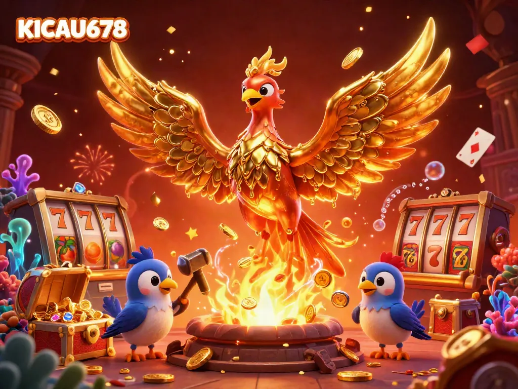 KICAU678 thrives with a molten phoenix and casino elements in a vibrant gaming scene.