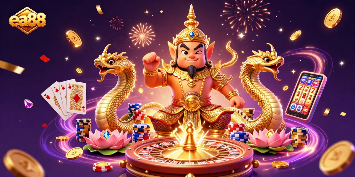ea88's vibrant online casino illustration features a cheerful Thai guardian amidst gold coins, cards, and a roulette wheel.