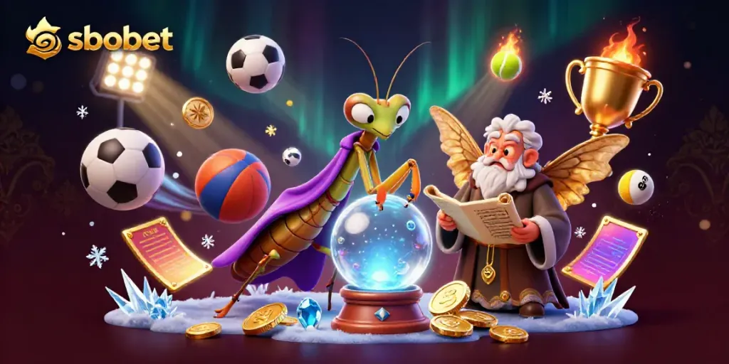 SBOBET sports betting scene showing a fortune teller and librarian with dynamic sports elements.
