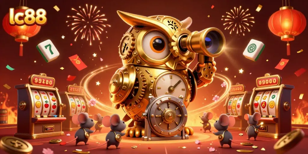 Spin and win with lc88, featuring a colorful casino scene with an owl and charming mouse patrons.