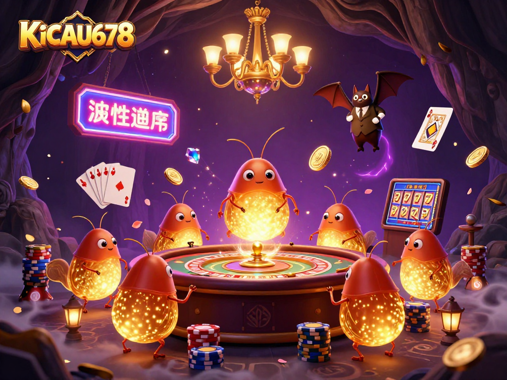 KICAU678 illuminates a vibrant casino scene with a team of glowworms and engaging game elements.