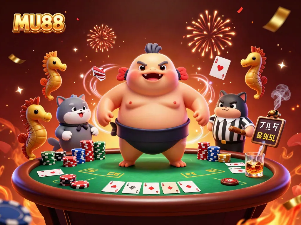 Join the fun at MU88 with a vibrant cartoon illustration of a casino poker scene.
