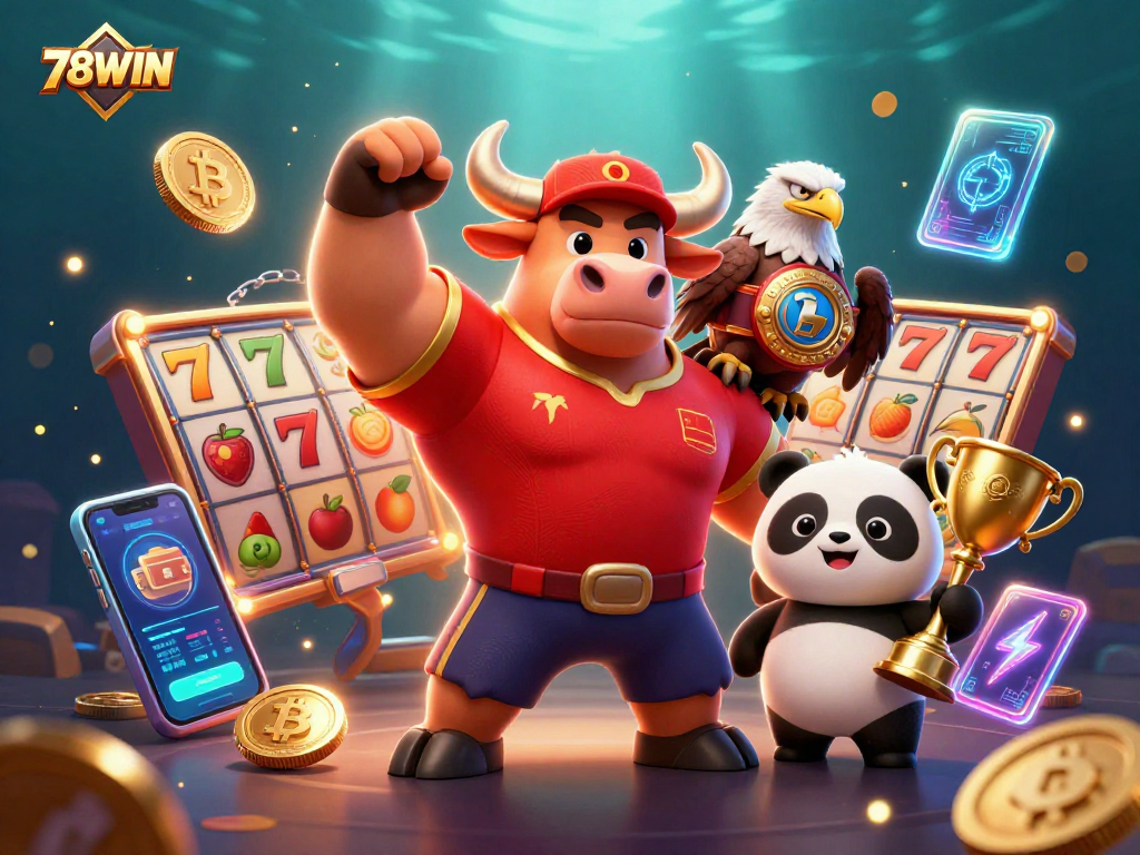 Win big with 78WIN in this vibrant casino-themed illustration showcasing exciting slot games and crypto elements.