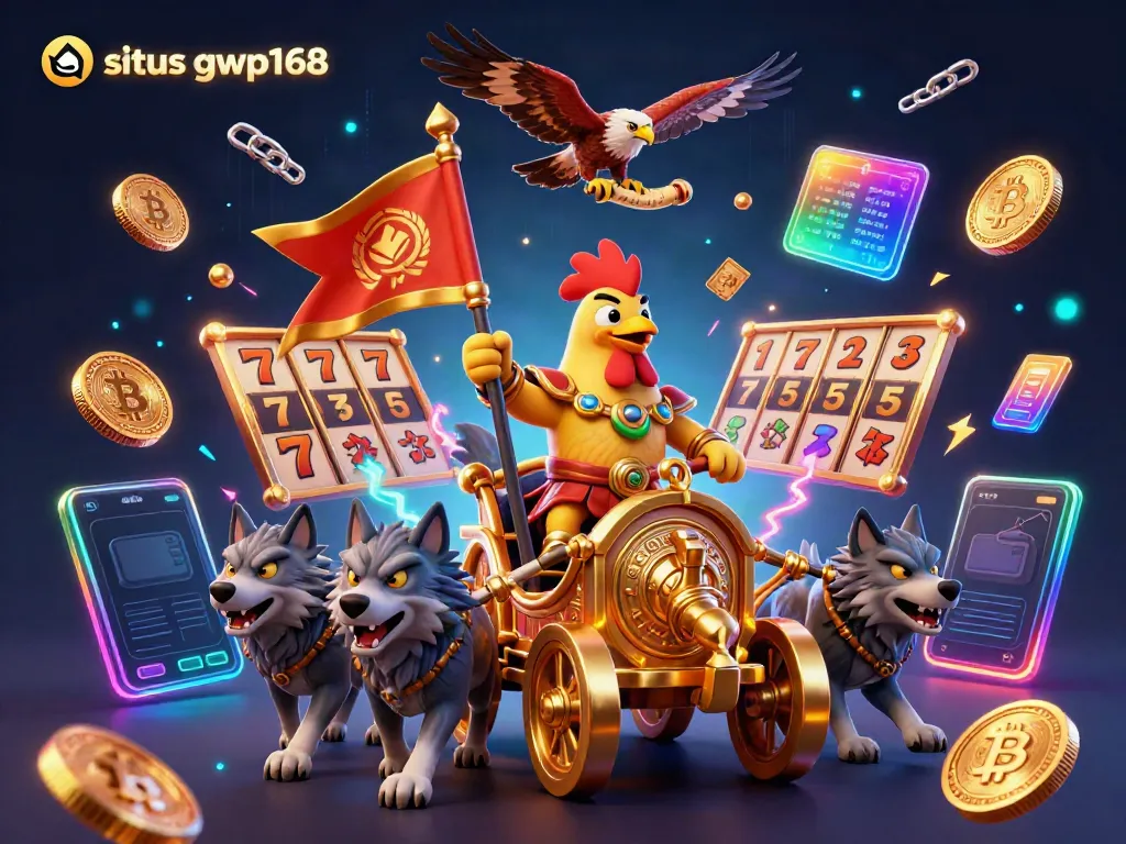 Situs gwp168 menghadirkan ilustrasi kasino yang dinamis dengan elemen permainan slot yang menarik.