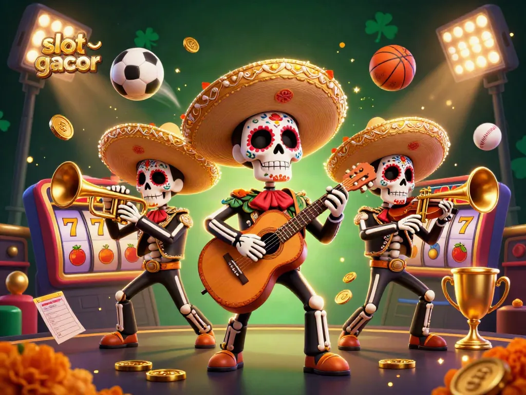 Slot gacor dengan mesin slot berkilau, skeleton mariachi, dan elemen kasino lainnya.
