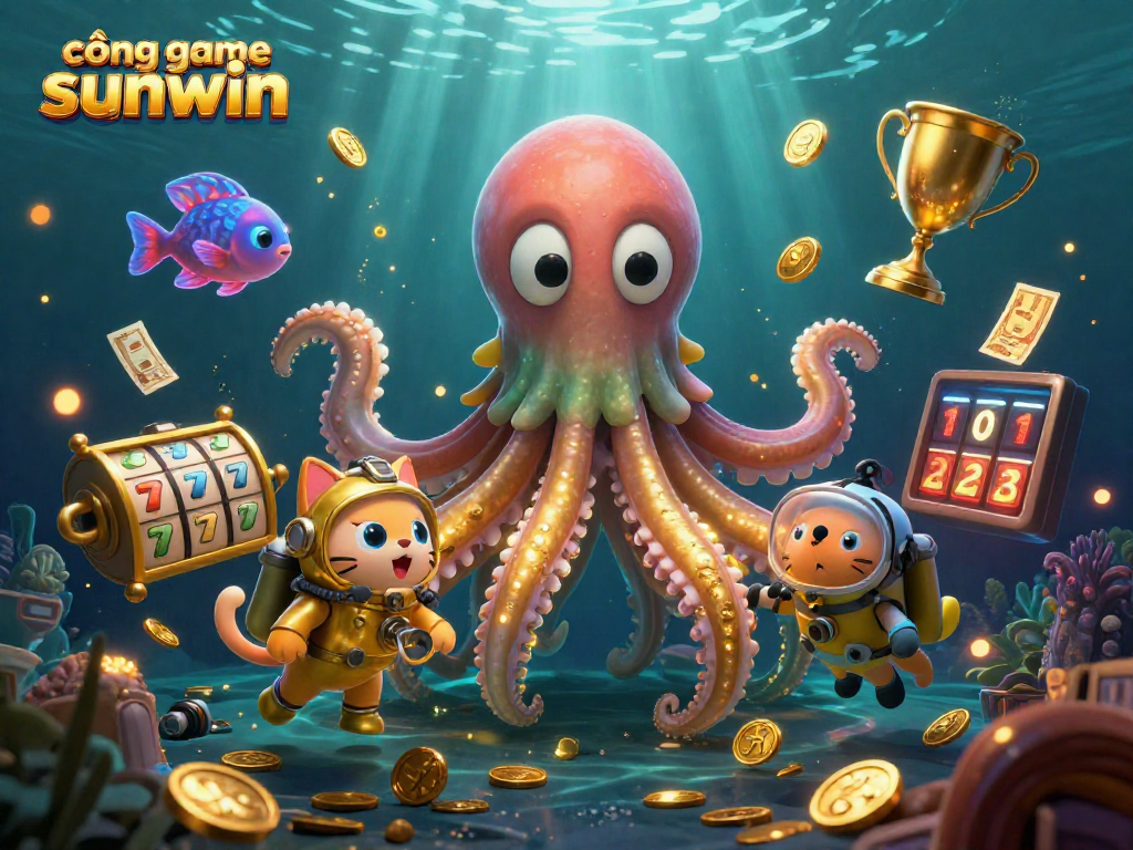 Cổng game sunwin brings excitement with a kraken and diving cat in a vibrant underwater scene featuring slot reels and gold coins.