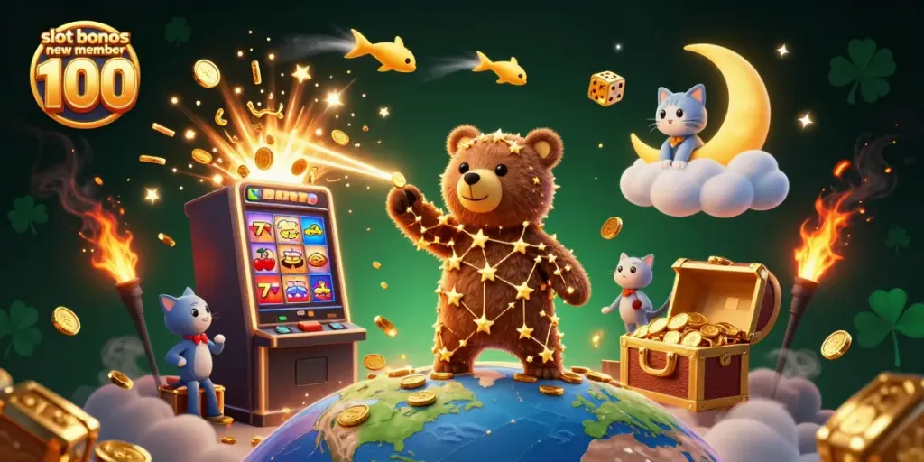 Experience the thrill of slot bonus new member 100 in a vibrant casino scene filled with coins, stars, and jackpots.