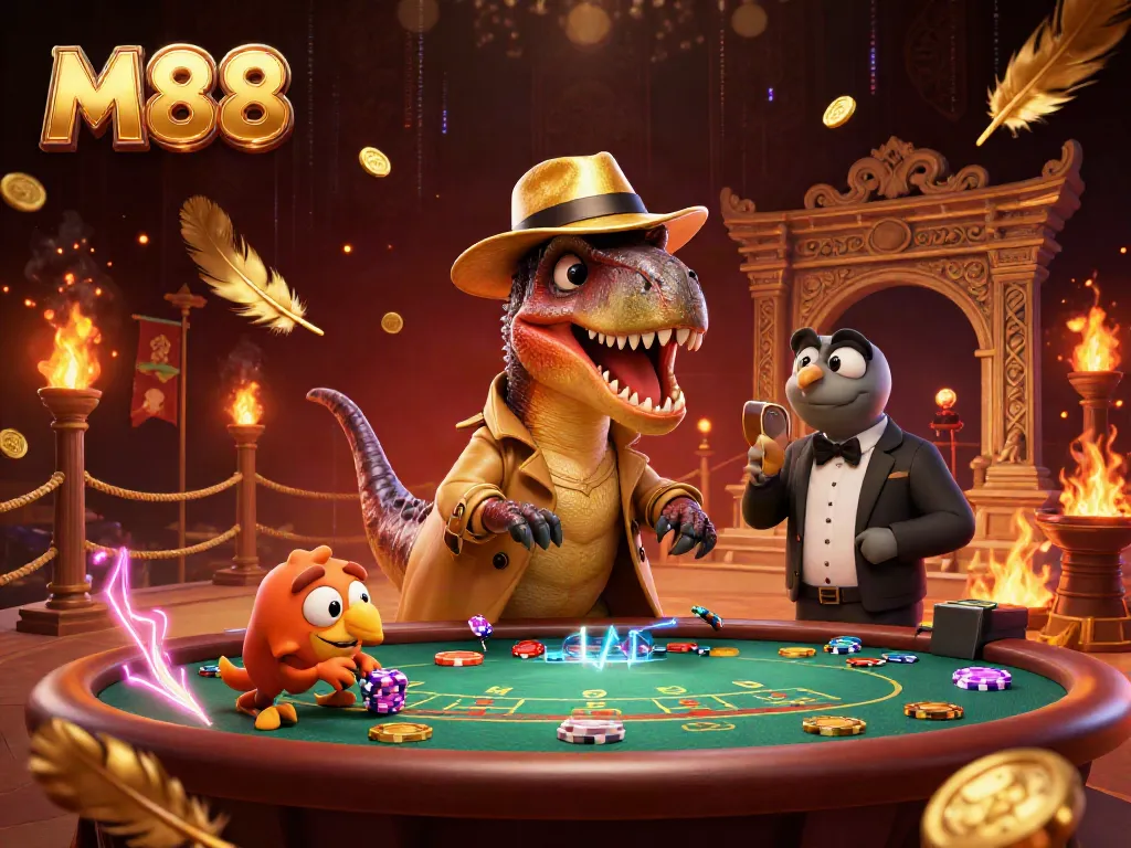 M88 cá cược đỉnh cao với velociraptor và stegosaurus trong sòng bạc 3D.