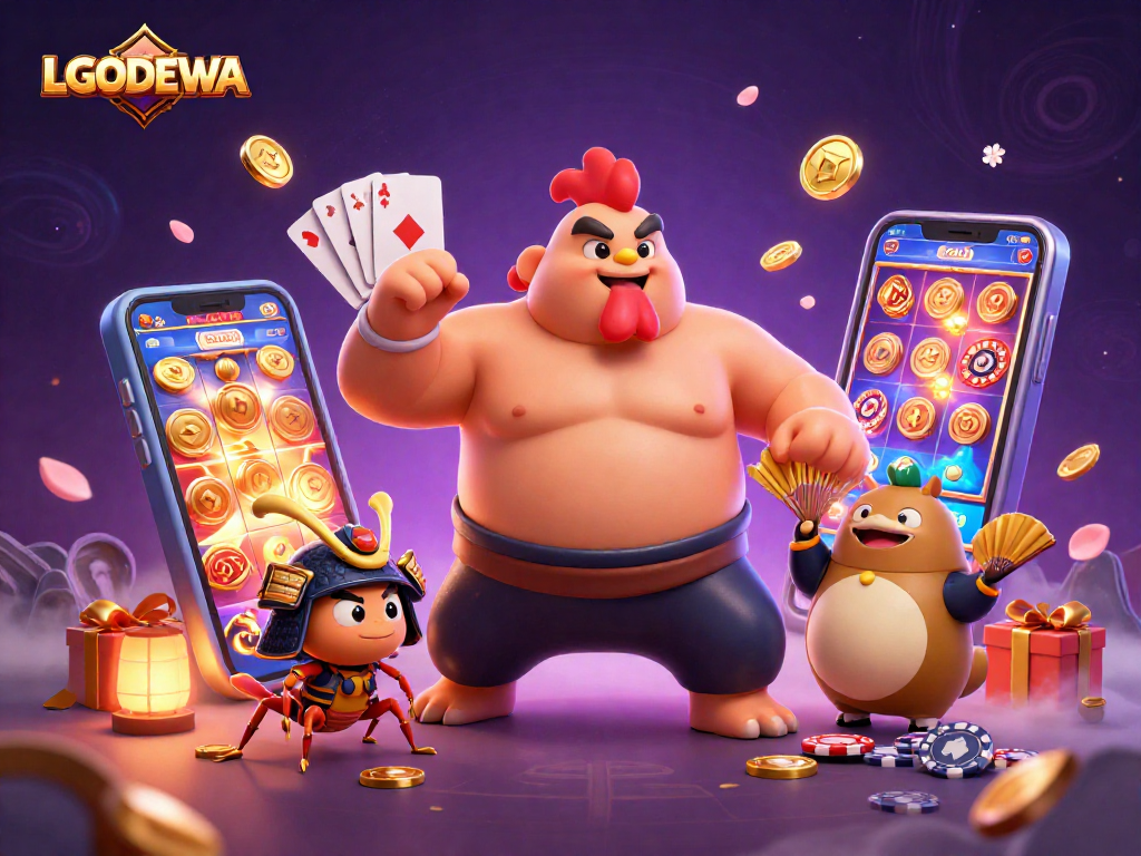 Engage in exciting gaming with LGODEWA featuring a sumo rooster, samurai cricket, and tanuki announcer.